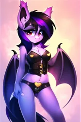 Size: 768x1152 | Tagged: suggestive, derpibooru import, editor:flitter4935, machine learning generated, novelai, stable diffusion, oc, oc:venin teapa, anthro, bat pony, arm behind back, bat pony oc, bat wings, bdsm, belly button, breasts, chastity, chastity belt, chest fluff, clothes, collar, cute, ear fluff, female, image, looking at you, midriff, png, socks, solo, solo female, wings