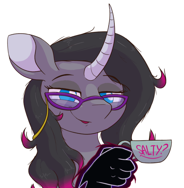 Size: 2872x2945 | Tagged: safe, artist:ljdamz1119, derpibooru import, fhtng th§ ¿nsp§kbl, oleander (tfh), pony, unicorn, them's fightin' herds, bust, community related, cup, curved horn, digital art, female, glasses, horn, image, looking at you, mare, png, reaction image, simple background, solo, transparent background