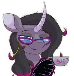Size: 2872x2945 | Tagged: safe, artist:ljdamz1119, derpibooru import, fhtng th§ ¿nsp§kbl, oleander (tfh), pony, unicorn, them's fightin' herds, bust, community related, cup, curved horn, digital art, female, glasses, horn, image, looking at you, mare, png, reaction image, simple background, solo, transparent background