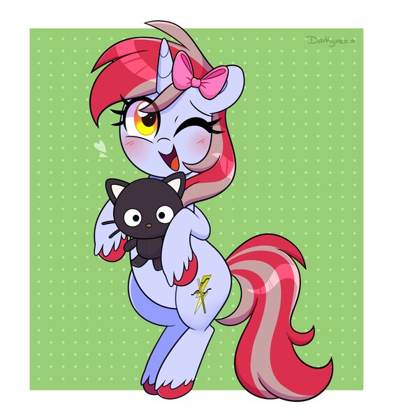 Size: 3100x3300 | Tagged: safe, artist:darkynez, derpibooru import, oc, oc:cinnamon lightning, cat, pony, unicorn, bipedal, blushing, bow, eye clipping through hair, hair bow, happy, heart, image, jpeg, one eye closed, solo, unshorn fetlocks, wink