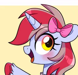 Size: 638x620 | Tagged: safe, artist:darkynez, derpibooru import, oc, oc:cinnamon lightning, unofficial characters only, pony, unicorn, blushing, bow, bust, collar, hair bow, image, jpeg, looking at you, open mouth, open smile, portrait, smiling, solo, unshorn fetlocks
