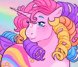 Size: 3524x3024 | Tagged: safe, artist:mysthooves, derpibooru import, oc, unofficial characters only, pony, unicorn, blue eyes, bow, close-up, curly mane, female, freckles, g1, heart mark, horn, icon, image, mare, png, ponysona, rainbow background, rainbow curl pony, solo, star mark, tail, tail bow, unicorn oc