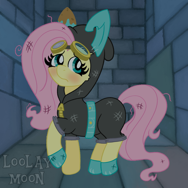 Size: 1080x1080 | Tagged: safe, artist:loolaymoon, derpibooru import, fluttershy, pegasus, pony, sparkle's seven, bunny ears, clothes, costume, cute, dangerous mission outfit, female, goggles, hoodie, image, mare, messy mane, png, scratches, shyabetes, solo