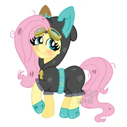 Size: 1080x1080 | Tagged: safe, artist:loolaymoon, derpibooru import, fluttershy, pegasus, pony, sparkle's seven, bunny ears, clothes, costume, cute, dangerous mission outfit, female, goggles, hoodie, image, mare, messy mane, png, scratches, shyabetes, simple background, solo, white background