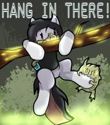 Size: 1802x2048 | Tagged: safe, artist:chaosmauser, derpibooru import, oc, oc:jewel bracer, earth pony, chaos, chibi, crossover, earth pony oc, hang in there, hanging, image, jpeg, mask, motivational poster, nurgling, poster, poster parody, tree branch