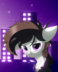 Size: 1700x2116 | Tagged: safe, derpibooru import, oc, unofficial characters only, earth pony, black hair, brown hair, city, clothes, digital art, earth pony oc, gift art, image, jacket, light, lightning, looking at you, male, night, png, purple background, purple eyes, simple background