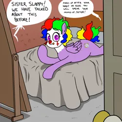 Size: 1200x1200 | Tagged: safe, artist:pony quarantine, derpibooru import, oc, oc:sister slappy, unofficial characters only, pegasus, pony, bed, clown, clown makeup, dialogue, disembodied hoof, female, image, jpeg, looking at you, lying down, mare, nun, offscreen character, on bed, prone, sploot, tongue out