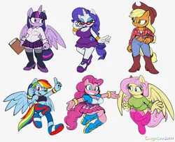 Size: 1280x1042 | Tagged: safe, artist:omegasunburst, derpibooru import, applejack, fluttershy, pinkie pie, rainbow dash, rarity, twilight sparkle, twilight sparkle (alicorn), alicorn, anthro, earth pony, pegasus, plantigrade anthro, pony, unicorn, belly button, big breasts, book, boots, breasts, busty applejack, busty fluttershy, busty pinkie pie, busty rarity, busty twilight sparkle, cleavage, clothes, cowboy boots, crossover, delicious flat chest, denim, dress, female, front knot midriff, glasses, high heels, image, jeans, lipstick, mane six, mare, midriff, mobian, pants, png, rainbow flat, rarity's glasses, shoes, simple background, skirt, socks, sonic the hedgehog (series), sonicified, stockings, sweater dress, thigh highs, white background