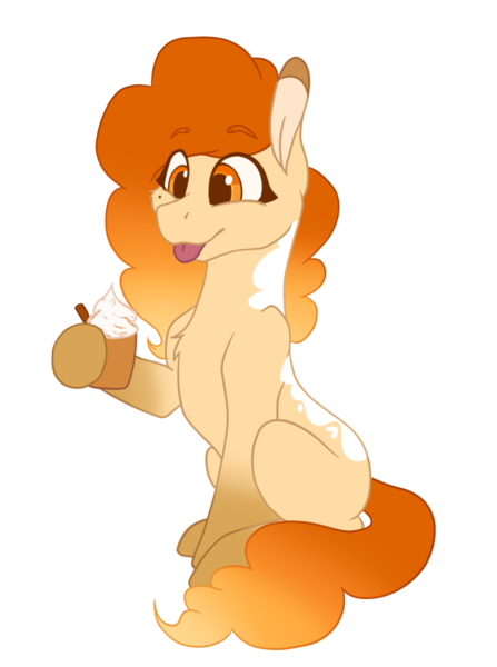Size: 727x975 | Tagged: safe, artist:thatonefluffs, derpibooru import, oc, oc:pumpkin patch, earth pony, pony, :p, coffee, food, image, latte, png, sitting, smiling, solo, spiced latte, tongue out