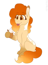 Size: 727x975 | Tagged: safe, artist:thatonefluffs, derpibooru import, oc, oc:pumpkin patch, earth pony, pony, :p, coffee, food, image, latte, png, sitting, smiling, solo, spiced latte, tongue out