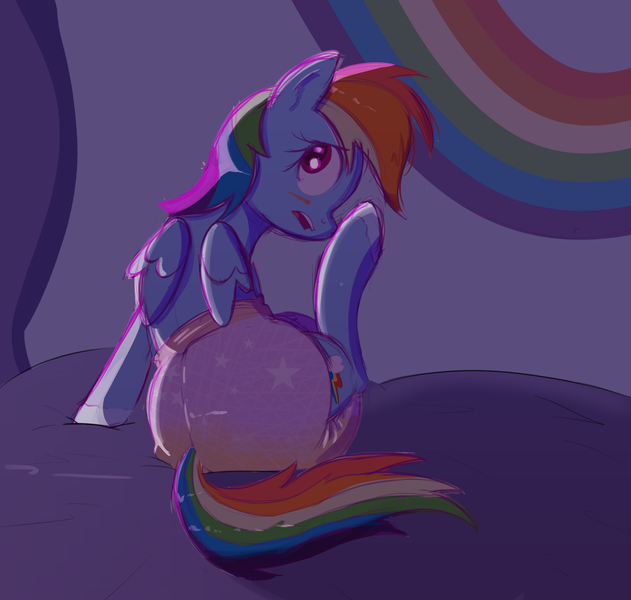 Size: 1346x1280 | Tagged: questionable, artist:zalakir, derpibooru import, rainbow dash, pegasus, pony, blushing, diaper, diaper fetish, embarrassed, female, fetish, image, non-baby in diaper, png, poofy diaper, solo, solo female, urine, wet diaper