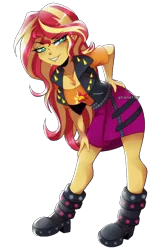 Size: 590x888 | Tagged: safe, artist:granatty, derpibooru import, sunset shimmer, human, equestria girls, equestria girls series, bedroom eyes, boots, breasts, busty sunset shimmer, butt touch, cleavage, clothes, female, geode of empathy, grin, hand on butt, hand on leg, image, jacket, looking at you, magical geodes, png, sexy, shirt, shoes, simple background, smiling, solo, transparent background
