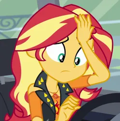 Size: 674x678 | Tagged: safe, derpibooru import, screencap, sunset shimmer, driving miss shimmer, equestria girls, equestria girls series, cropped, image, png, solo