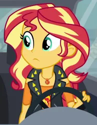 Size: 426x548 | Tagged: safe, derpibooru import, screencap, sunset shimmer, driving miss shimmer, equestria girls, equestria girls series, cropped, image, png, solo