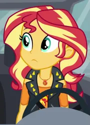Size: 403x559 | Tagged: safe, derpibooru import, screencap, sunset shimmer, driving miss shimmer, equestria girls, equestria girls series, cropped, image, png, solo