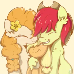 Size: 1000x1000 | Tagged: safe, artist:candy meow, derpibooru import, applejack, bright mac, pear butter, earth pony, pony, ^^, applejack's hat, chest fluff, cowboy hat, ear fluff, eyes closed, female, filly, flower, foal, freckles, hat, hoof fluff, hug, image, male, mare, png, simple background, smiling, snuggling, stallion, unshorn fetlocks, younger