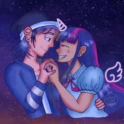 Size: 1378x1378 | Tagged: safe, artist:im_thedarkg1rl, derpibooru import, twilight sparkle, human, equestria girls, crack shipping, crossover, crossover shipping, female, image, jpeg, male, mordecai, mordetwi, regular show, shipping, space, straight, watermark