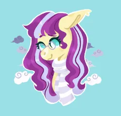 Size: 540x520 | Tagged: safe, artist:wholesomeponies, derpibooru import, oc, oc:serenity sound, unofficial characters only, pegasus, pony, bust, clothes, cloud, ear fluff, female, floppy ears, glasses, image, jpeg, mare, no pupils, outline, pegasus oc, portrait, scarf, shiny mane, simple background, solo, striped scarf, teal background, white outline, wings