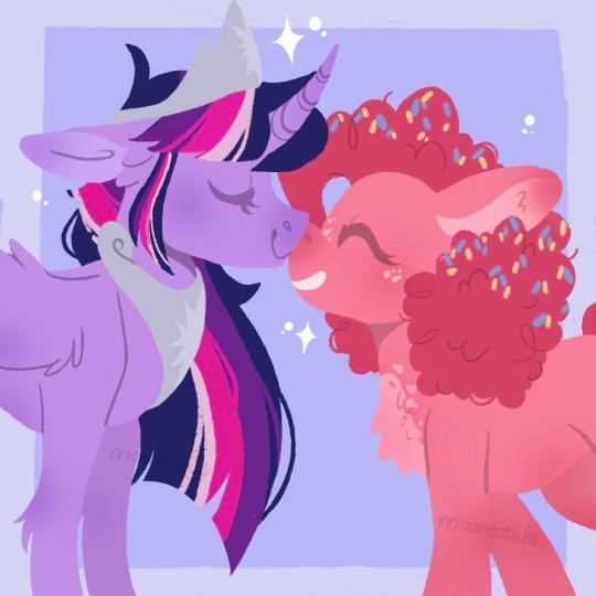 Size: 540x540 | Tagged: safe, artist:wholesomeponies, derpibooru import, pinkie pie, twilight sparkle, chest fluff, colored ears, confetti, crown, eyes closed, female, floppy ears, fluffy, frame, image, jewelry, jpeg, lesbian, messy mane, peytral, purple background, regalia, request, shipping, simple background, sparkles, twinkie