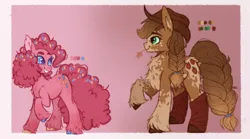 Size: 540x301 | Tagged: safe, artist:wholesomeponies, derpibooru import, applejack, pinkie pie, earth pony, alternate design, braid, chest fluff, clothes, coat markings, colored ears, colored hooves, confetti, duo, duo female, ear fluff, female, frame, headcanon, headcanon in the description, heart, heart eyes, image, jpeg, piebald coloring, pink background, reference sheet, simple background, socks, straw in mouth, twitterina design, unshorn fetlocks, wingding eyes