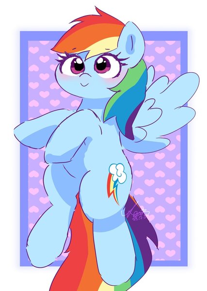 Size: 1320x1854 | Tagged: safe, artist:leo19969525, derpibooru import, rainbow dash, pegasus, pony, blushing, ears, ears up, female, flying, hair, heart, image, jpeg, mane, mare, purple eyes, smiling, solo, spread wings, tail, wings