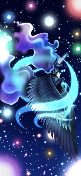 Size: 1125x2426 | Tagged: safe, artist:emilychristman, derpibooru import, princess luna, alicorn, pony, blue mane, chest fluff, digital art, dream, ear fluff, ethereal mane, eyes closed, feather, female, flowing mane, flowing tail, flying, galaxy, glow, glowing horn, hoof shoes, horn, image, jpeg, large wings, magic, mare, peytral, planet, signature, smiling, solo, space, spread wings, starry mane, starry tail, stars, tail, wings