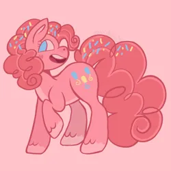 Size: 540x540 | Tagged: safe, artist:wholesomeponies, derpibooru import, pinkie pie, earth pony, pony, alternate cutie mark, coat markings, colored hooves, confetti, female, image, jpeg, mare, no pupils, pink background, redesign, simple background, solo, unshorn fetlocks