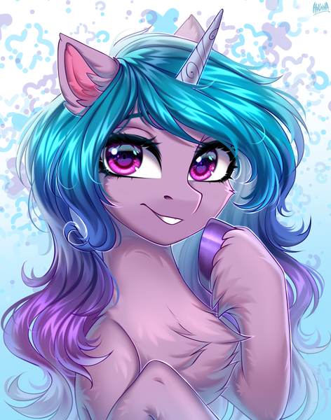 Size: 2000x2540 | Tagged: safe, artist:hakaina, derpibooru import, izzy moonbow, pony, unicorn, abstract background, bust, cheek fluff, chest fluff, colored, concave belly, cute, ear fluff, eyebrows, eyelashes, fluffy, g5, gradient mane, grin, high res, hoof fluff, hooves, image, izzybetes, leg fluff, long mane, looking at you, png, pointing at self, raised hoof, raised hooves, shading, shiny eyes, signature, slim, smiling, smiling at you, solo, teeth, thin, unshorn fetlocks