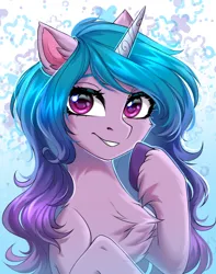 Size: 2000x2540 | Tagged: safe, alternate version, artist:hakaina, derpibooru import, izzy moonbow, pony, unicorn, abstract background, bust, cheek fluff, chest fluff, colored, concave belly, cute, ear fluff, eyebrows, eyelashes, fluffy, g5, gradient mane, grin, high res, hoof fluff, hooves, image, izzybetes, leg fluff, long mane, looking at you, png, pointing at self, raised hoof, raised hooves, shading, shiny eyes, signature, slim, smiling, smiling at you, solo, teeth, thin, unshorn fetlocks