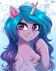 Size: 2000x2540 | Tagged: safe, alternate version, artist:hakaina, derpibooru import, izzy moonbow, pony, unicorn, abstract background, bust, cheek fluff, chest fluff, colored, concave belly, cute, ear fluff, eyebrows, eyelashes, fluffy, g5, gradient mane, grin, high res, hoof fluff, hooves, image, izzybetes, leg fluff, long mane, looking at you, png, pointing at self, raised hoof, raised hooves, shading, shiny eyes, signature, slim, smiling, smiling at you, solo, teeth, thin, unshorn fetlocks