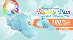 Size: 892x491 | Tagged: safe, derpibooru import, rainbow dash, 2013, baseball cap, cap, cutie mark, hat, image, jpeg, limited edition, link in description, merchandise, no pony, sonic rainboom, welovefine, wings