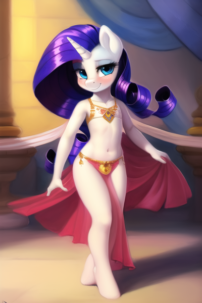Size: 512x768 | Tagged: suggestive, banned from derpibooru, machine learning generated, ponybooru import, rarity, anthro, unguligrade anthro, unicorn, age regression, bedroom eyes, belly button, belly dancer, belly dancer outfit, blushing, detailed background, explicit source, female, image, lolicon, looking at you, png, smiling, solo, solo female, underage