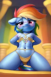Size: 512x768 | Tagged: suggestive, banned from derpibooru, machine learning generated, novelai, ponybooru import, rainbow dash, anthro, abs, age regression, bedroom eyes, belly button, belly dancer, belly dancer outfit, blushing, breasts, delicious flat chest, detailed background, explicit source, female, image, kneeling, lolicon, looking at you, nipple tape, pasties, png, skimpy outfit, small breasts, smiling, smiling at you, solo, solo female, underage
