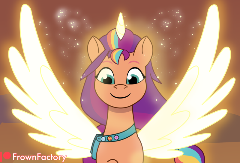 Size: 4000x2731 | Tagged: safe, artist:frownfactory, derpibooru import, sunny starscout, alicorn, pony, my little pony: a new generation, my little pony: tell your tale, spoiler:g5, spoiler:my little pony: tell your tale, spoiler:tyts01e42, bag, female, firework-ing together, g5, glow, glowing horn, glowing wings, horn, image, mare, particles, png, race swap, saddle bag, simple background, smiling, solo, sunnycorn, vector, wings