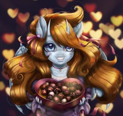 Size: 1990x1877 | Tagged: safe, artist:mdwines, derpibooru import, oc, oc:raven eve'hart, anthro, big eyes, bust, candy, collar, commission, cute, food, hearts and hooves day, holiday, image, png, portrait, present, redhead, romantic, smiling, solo, valentine's day, ych result