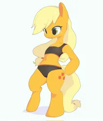 Size: 1736x2048 | Tagged: safe, artist:cheesesauce_45, derpibooru import, applejack, earth pony, pony, semi-anthro, belly, bipedal, clothes, female, image, jpeg, panties, simple background, sports bra, underwear, white background