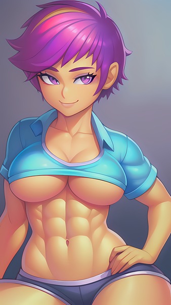 Size: 1728x3072 | Tagged: suggestive, derpibooru import, editor:sammykun, machine learning generated, novelai, stable diffusion, scootaloo, human, abs, belly button, big breasts, breasts, busty scootaloo, clothes, female, hand on hip, high res, humanized, image, jpeg, looking at you, muscles, muscular female, older, older scootaloo, sexy, shirt, shorts, smiling, strongaloo, underboob