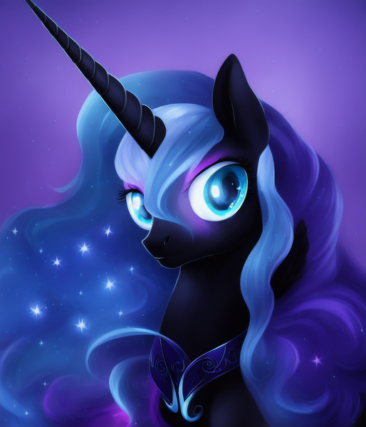 Size: 768x896 | Tagged: safe, derpibooru import, machine learning generated, nightmare moon, alicorn, pony, bust, female, image, looking at you, mare, png, portrait, solo