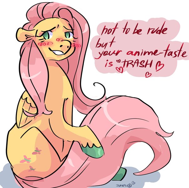 Size: 2048x2033 | Tagged: safe, artist:dmitrymemovznok, derpibooru import, fluttershy, pegasus, pony, blushing, image, jpeg, smiling, solo, text