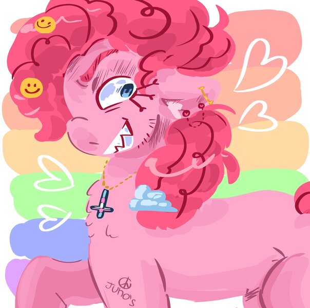 Size: 2048x2033 | Tagged: safe, artist:dmitrymemovznok, derpibooru import, pinkie pie, earth pony, pony, heart, image, jpeg, piercing, pride, pride flag, smiling, solo, teeth, transgender, transgender pride flag