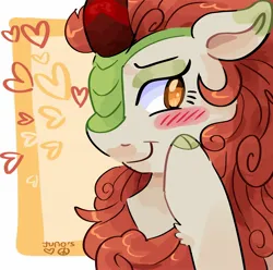 Size: 2048x2033 | Tagged: safe, artist:dmitrymemovznok, derpibooru import, autumn blaze, kirin, blushing, heart, image, jpeg, smiling, solo