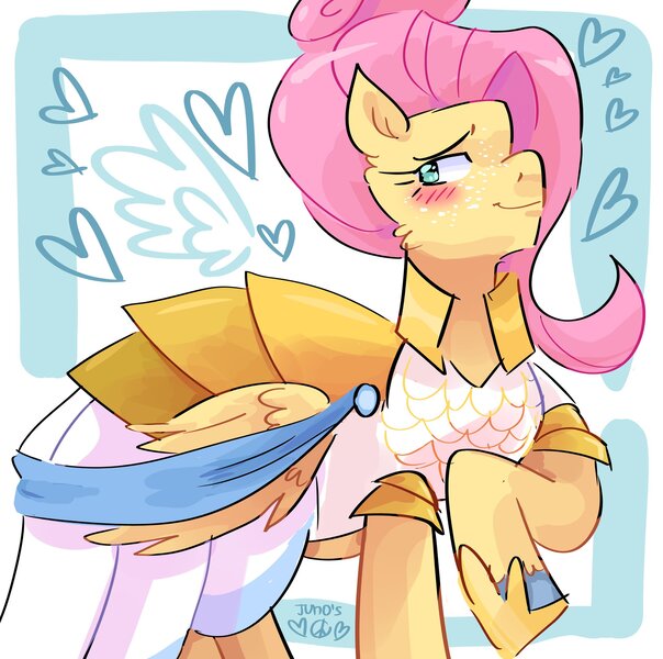 Size: 2048x2033 | Tagged: safe, artist:dmitrymemovznok, derpibooru import, fluttershy, pegasus, pony, clothes, heart, image, jpeg, smiling, smirk, solo