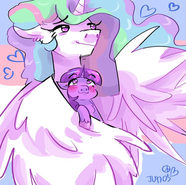 Size: 2048x2033 | Tagged: safe, artist:dmitrymemovznok, derpibooru import, princess celestia, twilight sparkle, alicorn, pony, unicorn, heart, image, jpeg, pride, pride flag, smiling, transgender pride flag, unicorn twilight