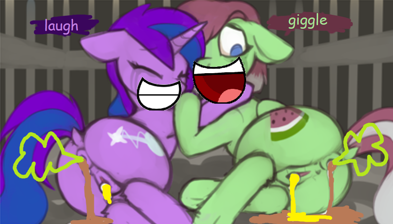Size: 875x499 | Tagged: explicit, artist:chloemay16, artist:marsminer, banned from derpibooru, deleted from derpibooru, derpibooru import, edit, oc, oc:cyan nova fae, oc:watermelon success, pony, anus, bad edit, bad quality, butt, fart, fart fetish, female, fetish, giggling, image, laughing, mare, nudity, pissing, plot, png, poop, pooping, scat, stolen art, urine, vulva, watersports
