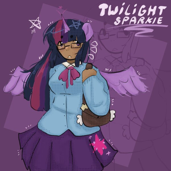 Size: 2048x2048 | Tagged: safe, artist:stanleyiffer, derpibooru import, twilight sparkle, twilight sparkle (alicorn), alicorn, human, glasses, horn, horned humanization, humanized, image, jpeg, satchel, solo, spread wings, winged humanization, wings