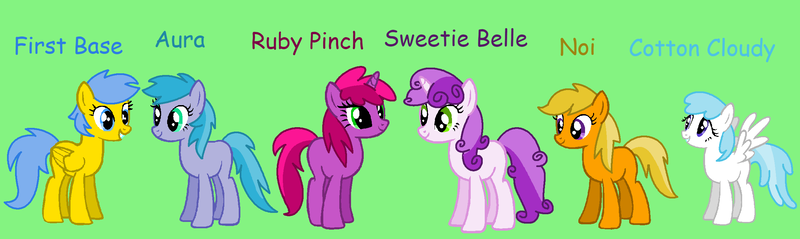 Size: 2393x714 | Tagged: safe, artist:frozengembases, artist:sillylittleprincess, derpibooru import, cotton cloudy, first base, noi, ruby pinch, sweetie belle, earth pony, pegasus, pony, unicorn, adorabase, alternate mane six, aqua text, aura (g4), aurabetes, base used, blue text, cottonbetes, cute, diasweetes, equine, female, fictional species, folded wings, g4, green background, image, mammal, mare, ms paint, my little pony, noiabetes, older, older aura (g4), older cotton cloudy, older first base, older noi, older ruby pinch, paint.net, pegasus first base, pinchybetes, pink text, png, prototype, purple text, race swap, simple background, text, wings, yellow text