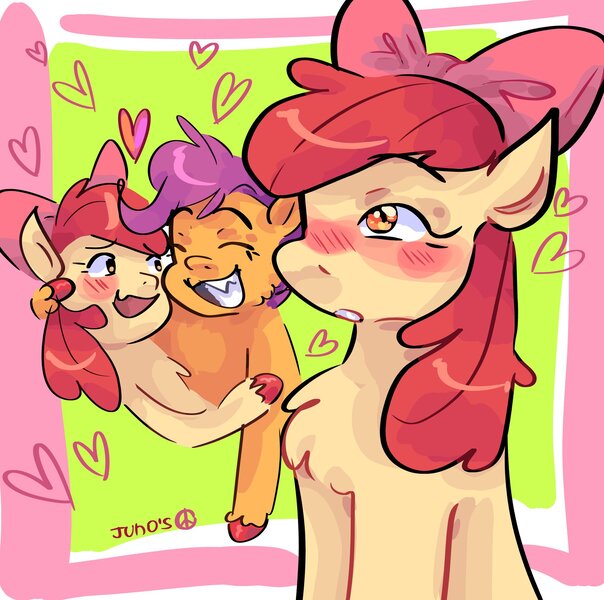 Size: 2048x2033 | Tagged: safe, artist:dmitrymemovznok, derpibooru import, apple bloom, scootaloo, sweetie belle, earth pony, pegasus, pony, unicorn, blushing, cutie mark crusaders, female, heart, image, jpeg, lesbian, scootabloom, shipping, smiling, solo