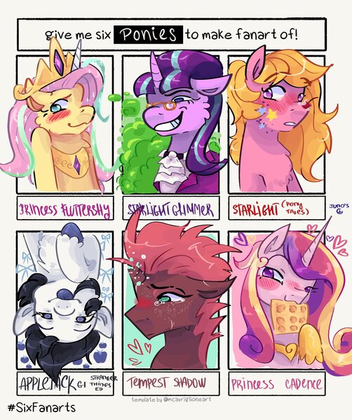 Size: 1715x2048 | Tagged: safe, artist:dmitrymemovznok, derpibooru import, fluttershy, princess cadance, snowfall frost, starlight glimmer, tempest shadow, alicorn, earth pony, pegasus, pony, unicorn, :p, blushing, clothes, crying, food, image, jpeg, smiling, tongue out