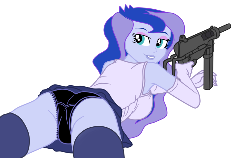 Size: 1900x1247 | Tagged: suggestive, artist:gmaplay, derpibooru import, princess luna, equestria girls, ass, butt, clothes, face down ass up, gun, image, looking at you, looking back, lying down, m3 grease gun, panties, png, prone, simple background, sniper, solo, submachinegun, transparent background, underwear, vice principal luna, vice principal moonbutt, weapon