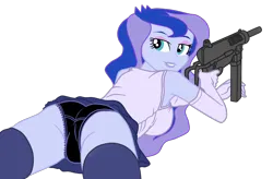 Size: 1900x1247 | Tagged: suggestive, artist:gmaplay, derpibooru import, princess luna, equestria girls, ass, butt, clothes, face down ass up, gun, image, looking at you, looking back, lying down, m3 grease gun, panties, png, prone, simple background, sniper, solo, submachinegun, transparent background, underwear, vice principal luna, vice principal moonbutt, weapon